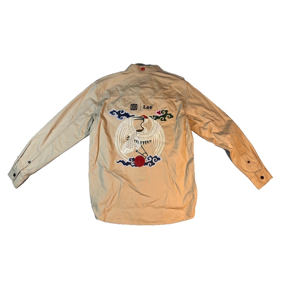 Rare Lee Tan Button Up Shirt Mens Size S Chinese Forbidden City Crane Bird Tan